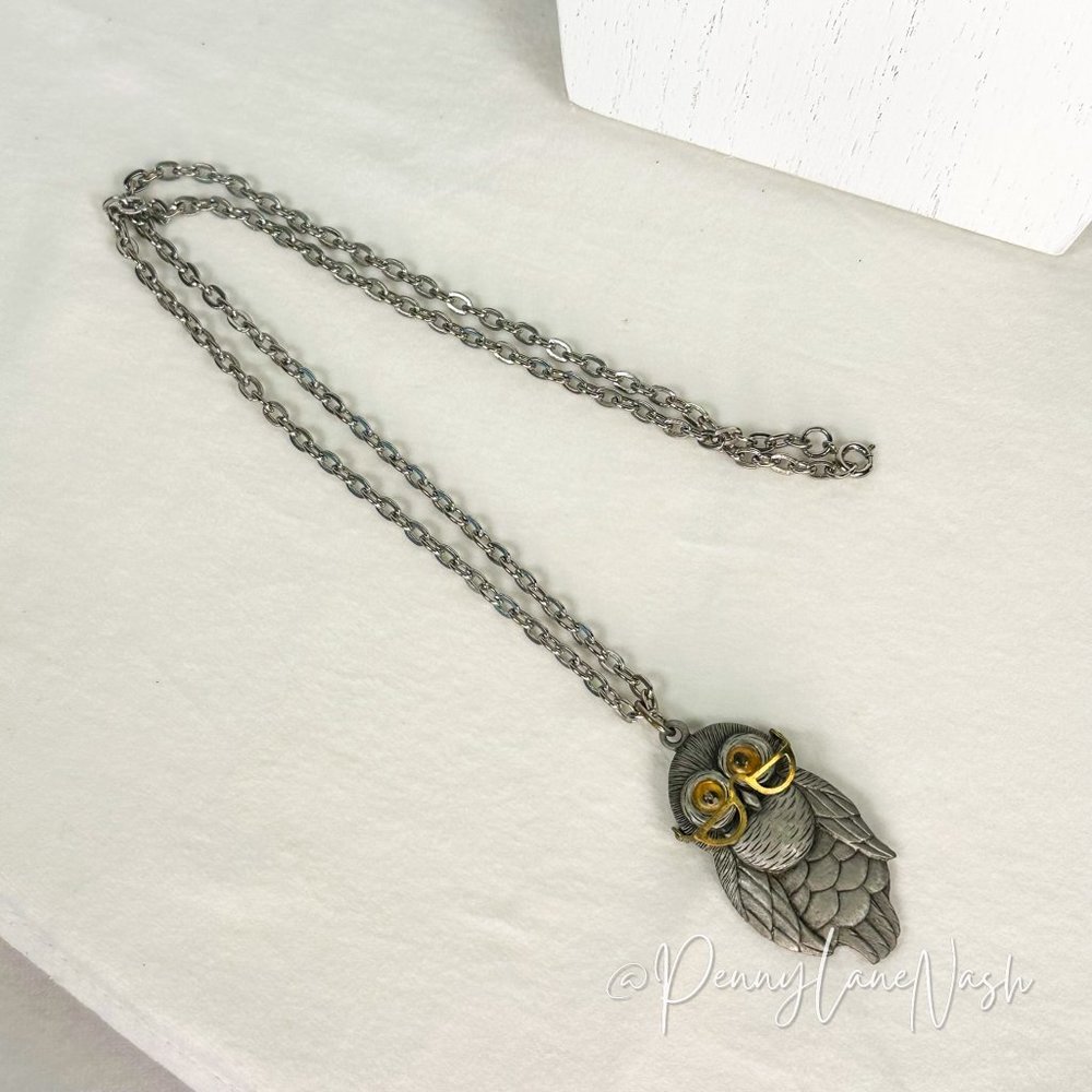 Vintage Owl w/ Glasses & Crazy Orange Eyes Pendant Necklace - Picture 3 of 4